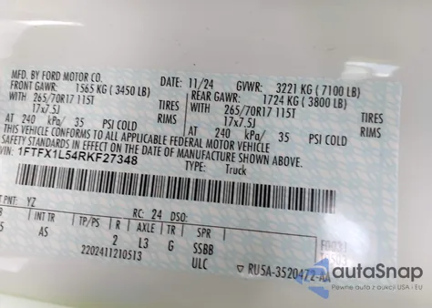 2024 Ford F-150 Xl from USA, damaged, VIN 1FTFX1L54RKF27348